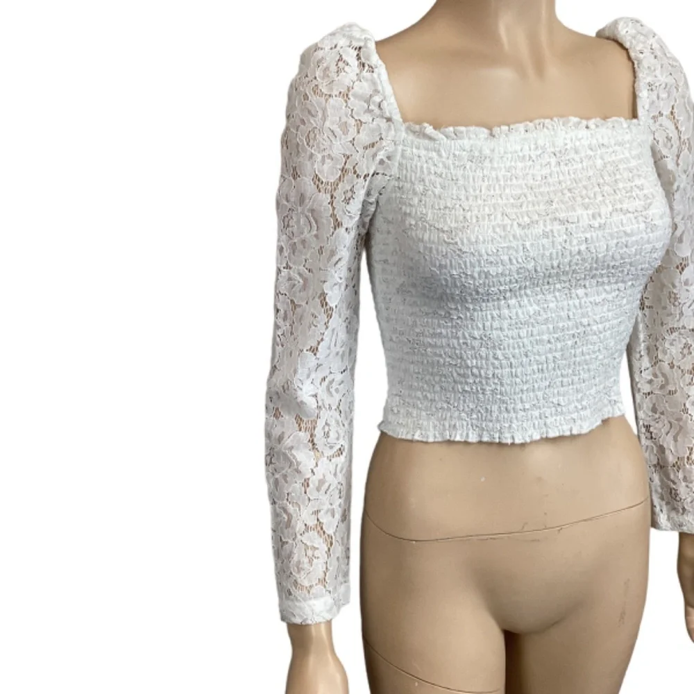 River Island Shirred crop top with lace‎ smocked bodice size 8